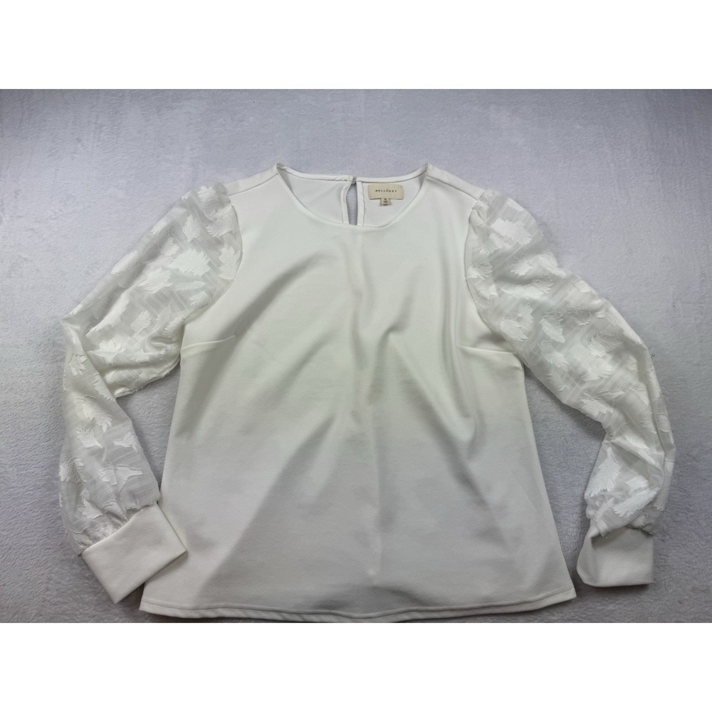 Melloday White Sheer Floral Puff Sleeve Blouse Women's Medium Boho
